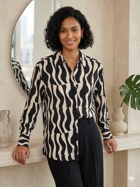 Zara Black & Cream Wavy-Print Long Sleeve Button-Down Shirt
